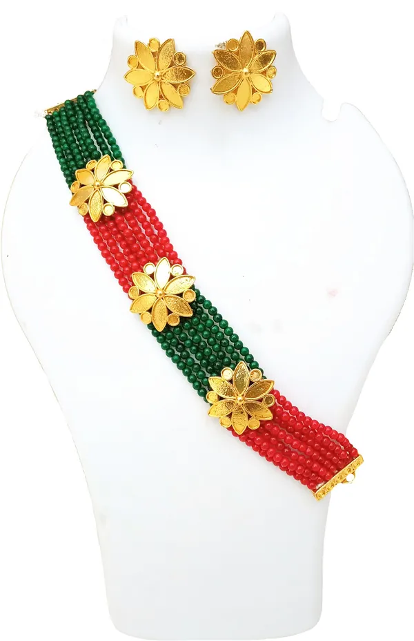 Assamese_Traditional_Gold_Plated_Red_Green_Colour_Golpata_Necklace_Set_For_Women_&_Girls